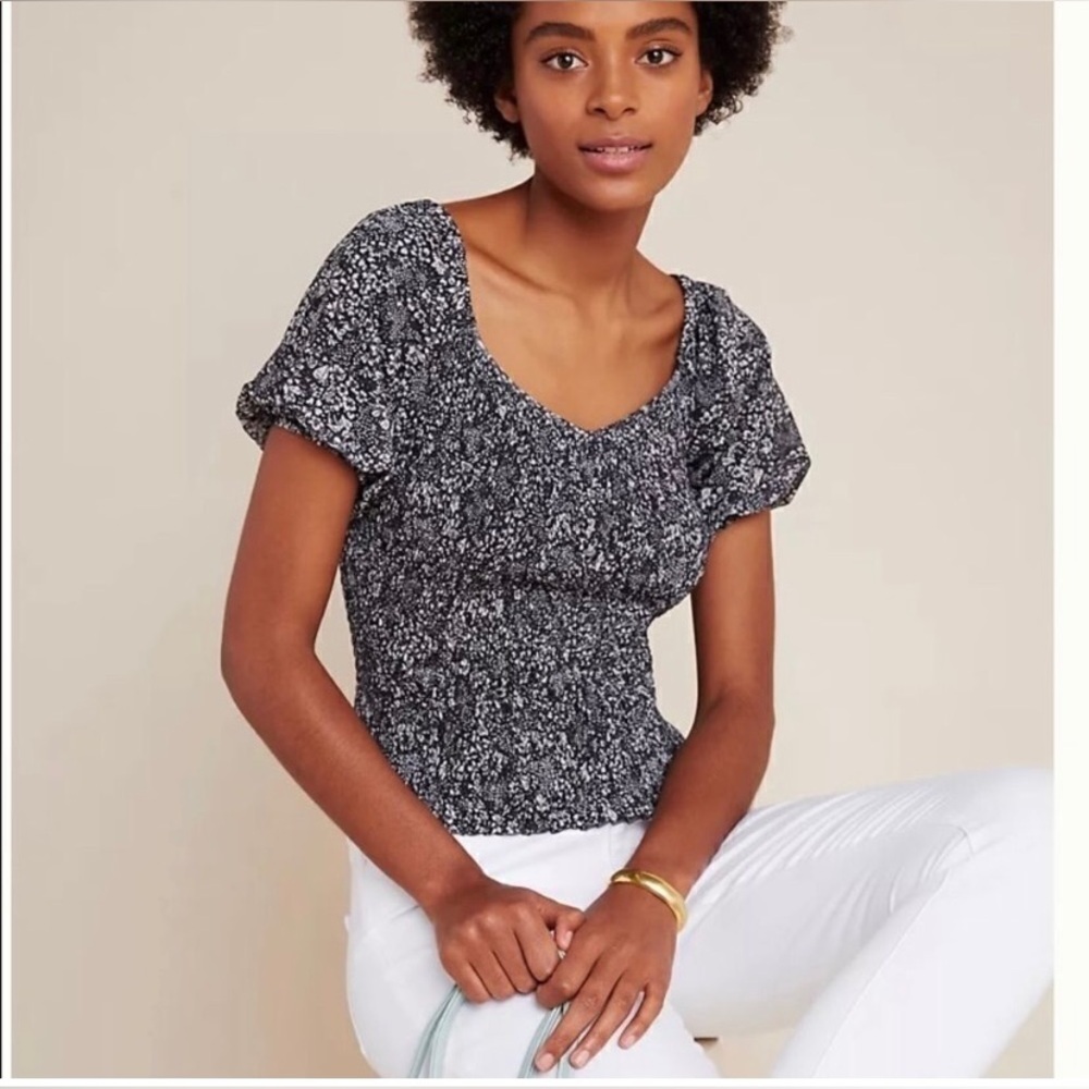 Anthropologie Aurelia Black and White Smocked Floral Top